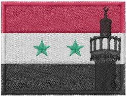 Realistic flag design with a mosque tower on a red and black striped background featuring two green stars.