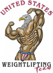 Cartoonish muscular man with eagle head flexing arms, bold colors, 'UNITED STATES' and 'WEIGHTLIFTING TEAM' text.