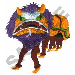 Vibrant mythical creature with a purple mane, orange body, sharp teeth, and green eyes, perfect for fantasy themes.