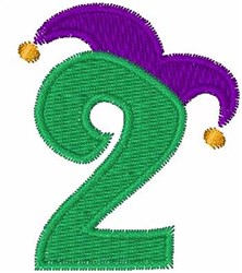 Festive number 2 in vibrant green with a playful purple jester hat and yellow bells for a cheerful celebration.