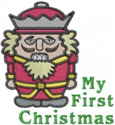 Colorful nutcracker in red attire with a crown and white beard, featuring 'My First Christmas' text.