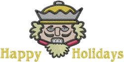 Playful cartoon nutcracker with a detailed face and crown, featuring 'Happy Holidays' in bright yellow, perfect for festive d
