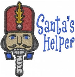 Nutcracker character with a red feathered hat, mustache, and the text 'Santa's Helper' in a festive style.