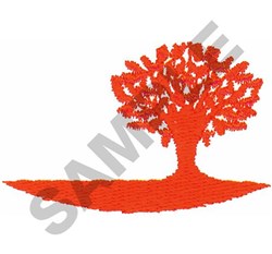 Vibrant orange tree with intricate branches, set against a simple ground shape; bold minimalism design.