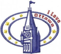 Colorful applique Ottawa clock tower with an oval border, red 'I Love Ottawa' text, and yellow stars.