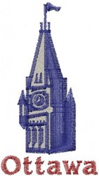 Classic embroidery of Ottawa's clock tower with spire and flag, featuring blue and grey hues, and red 'Ottawa' text.
