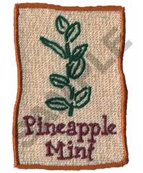 Whimsical herb plant with vibrant green leaves and 'Pineapple Mint' in burgundy on textured beige.