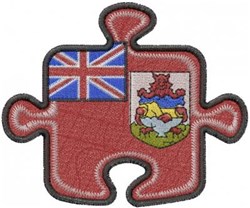 Applique puzzle piece shape featuring the British flag and Bermuda's coat of arms against a bold red background.