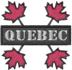 Text 'QUEBEC' in bold on a black rectangle, flanked by pink maple leaves, in a modern, stylized design.