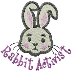 Cartoon rabbit head with pink ear accents and neutral fur, featuring 'Rabbit Activist' text in vibrant style.