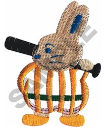 Whimsical rabbit baseball player in a striped outfit, holding a bat, bright and playful colors.