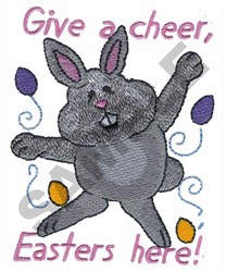 Whimsical gray rabbit in a lively pose with raised arms, surrounded by colorful eggs and purple flowers for Easter.