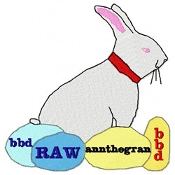 Playful rabbit with a red collar beside blue and yellow colored eggs, perfect for Easter festivities.