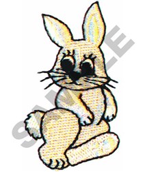 Playful rabbit in light beige with black accents and whiskers, relaxed pose, perfect for spring-themed projects.