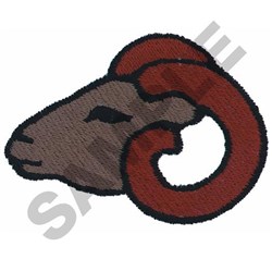 Stylized ram head with curled horn in earthy gray and brown tones, bold illustrative design.