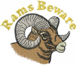 Detailed ram head with prominent curled horns and facial features, highlighted by bold yellow 'Rams Beware.'