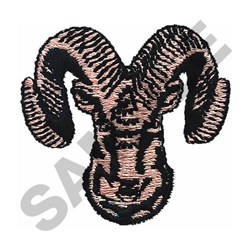 Bold ram's head with curved horns in black and pink highlights, a striking animal inspired design.