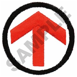 Bold red arrow pointing upwards inside a black circle on a white background. Minimalist design perfect for machine embroidery