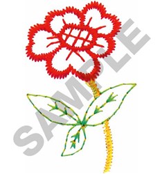 Applique red flower with cheerful outlined petals, bright yellow stem, and green leaves for spring-themed projects.