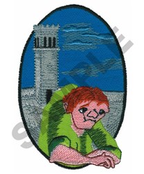 Whimsical character with red hair in green attire leaning by a stone tower under a blue, cloud-filled sky.