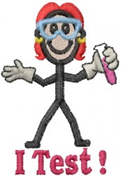 Playful cartoon character with red hair and glasses holding a pink test tube, features the text 'I Test!'