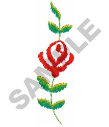 Vibrant red rose with twisting green stem and lush leaves, showcasing a playful floral design.