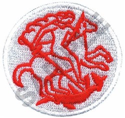 Redwork unicorn patch with bold lines and a circular design, stitched in red thread on a white background.