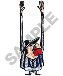 Cartoon referee with arms raised, signaling a call, wearing a striped uniform and holding a whistle, perfect for sports.
