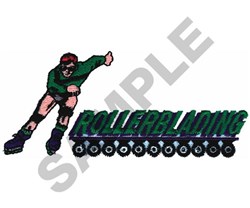 Cartoon rollerblader in green outfit and red helmet, with bold 'ROLLERBLADING' text and black wheels. Sports design.