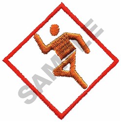 Bold running figure in orange thread inside a red diamond on a white background, ideal for sports apparel.