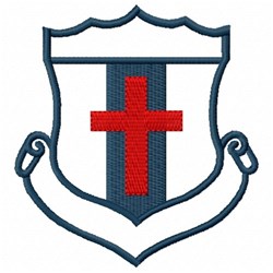 Shield with a dark blue outline features a prominent red cross on a white background, accented by an elegant embroidery borde