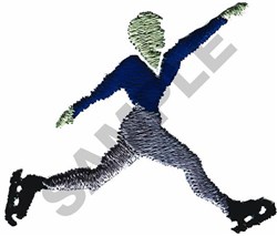 Stylized skater in motion, depicted in blue and gray with distinct skates, showcasing dynamic grace.
