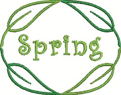 Spring text in cheerful green surrounded by elegant leaf motifs, set in a playful oval frame.