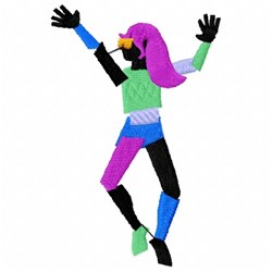 Stylized dancer figure in vibrant greens, purples, and blues, with arms raised in a playful pose, designed as a modern embroi