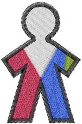 Stylized figure with vibrant red, blue, and playful green accents, outlined in black, featuring a modern playful design.