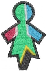 Playful stylized human figure in vibrant colors of green, blue, and pink outlined in black, with a bold yellow element at the