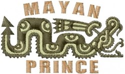 Stylized snake with Mayan motifs, featuring 'MAYAN PRINCE' text, geometric patterns, crafted in earthy tones.