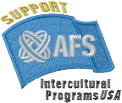 Embroidered blue flag with gold 'SUPPORT' text, decorative 'AFS' logo, and bold 'Intercultural Programs USA'.