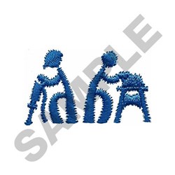 Stylized human figures in blue thread assist each other at a table, showcasing a playful minimalist style.