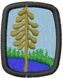 Realistic tall tree in tan and brown with lush green foliage, set against tranquil blue water.
