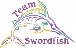 Colorful swordfish design with vibrant blue, green, purple, and yellow hues, featuring sporty text 'Team Swordfish'.