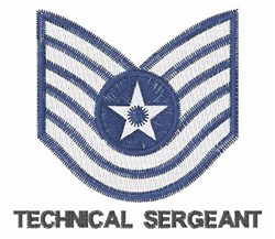 Technical Sergeant insignia with bold blue stripes, central star, and 'TECHNICAL SERGEANT' text in embroidered patch style.