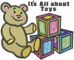 Playful teddy bear surrounded by colorful building blocks with letters, perfect for a nursery or baby shower.
