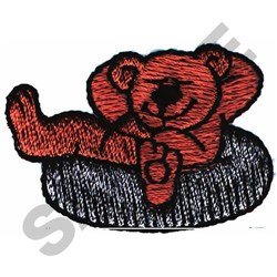 Playful red teddy bear lounging on a black oval base, featuring bold outlines, perfect for children's items.