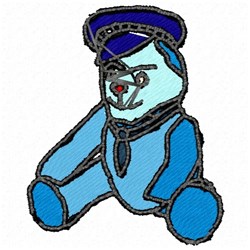 Applique teddy bear in a light blue uniform with a hat and a cheerful red nose, playful design.