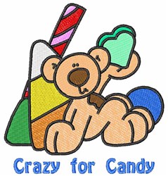 Playful teddy bear holding colorful candy against a vibrant Halloween backdrop. 'Crazy for Candy' text below.