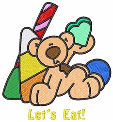 Cheerful teddy bear in brown beside a vibrant ice cream cone and colorful candy, playful design for kitchen towel.
