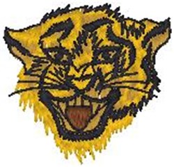 Cartoonish tiger head with bold yellow fur, black stripes, and an expressive look, perfect for playful designs.