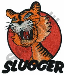 Vibrant cartoon tiger head with bold orange and black stripes on a red circle, featuring 'SLUGGER' in black text.