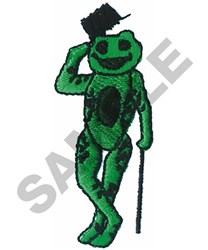 Playful green frog in a top hat holds a cane, showcasing vibrant hues in whimsical embroidery.